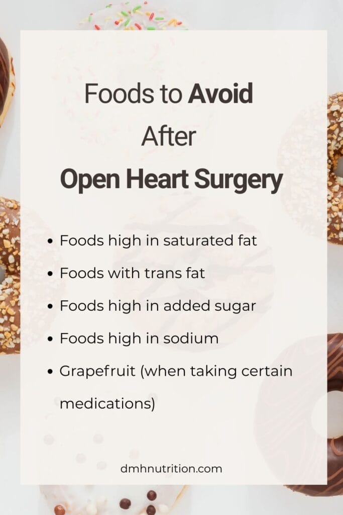 Pinterest pin titled "foods to avoid after open heart surgery" on background of multiple frosted donuts topped with sprinkles and nuts.